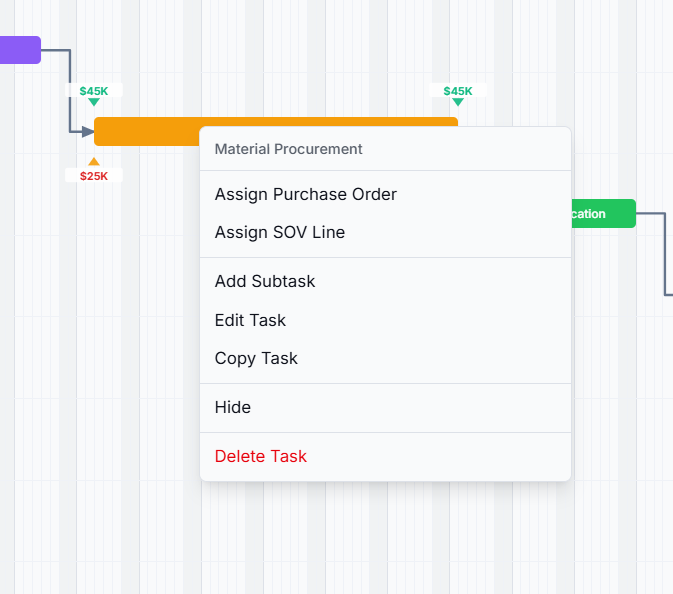 Right-clicking a task on the schedule opens Assign Purchase Order and Assign SOV Line, with cost and billing markers already on the bars