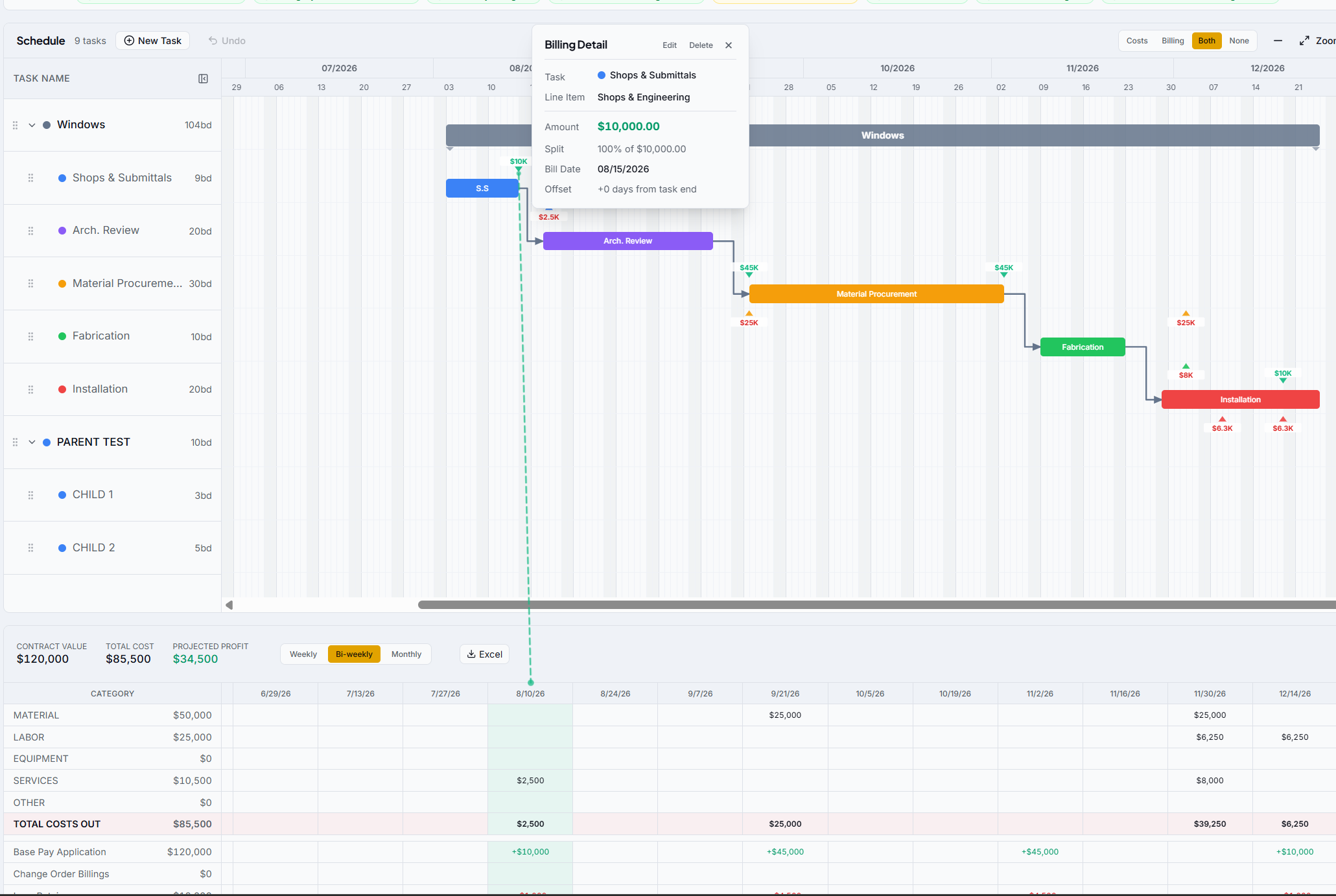 Single-job view: the schedule with a billing detail popup above its own cash-flow grid