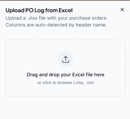 Upload PO Log from Excel dialog: drag and drop an .xlsx file, columns auto-detected by header name